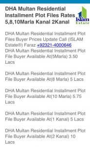 DHA Multan Residential Installment Plot Files Buyer Prices Update