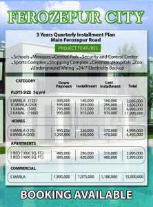 Ferozepur City Lahore New Housing Project In Lahore on Easy Installments for Booking Details contact Faraz 0321-4000646 Property Details Ferozepur City Lahore – BOOKING DETAILS - Lahore Ferozepur City Lahore – Address: Ferozepur City, Lahore, Pakistan For Sale PKR-2,095,000 to 15,000,000 - Commercial Plots, Flat, Houses, New Developments, New Projects In Lahore, Residential Plots Ferozepur City Lahore: 5, 10, 20 & 40 Marla Residential Plots 5 Marla Commercial Plots 5 & 8 Marla Houses 1 & 2 Bedroom Apartments OVERVIEW: FEROZEPUR CITY is the new housing project in Lahore by ENEM Developers. FEROZEPUR CITY is offering 5 Marla Commercial Plots, 5, 10, 20 & 40 Marla Residential Plots, 5 & 8 Marla Houses and 1 & 2 Bedroom Flats. Apartments, Houses, Commercial & Residential Plots in FEROZEPUR CITY can be booked on cash payment and also on easy installments of 3 years. FEROZEPUR CITY is one of the best new housing schemes of Lahore due to state of the art planning, prime location and provision of all modern facilities. FEROZEPUR CITY is best for living, establishing business and real estate property investment in Lahore. Location FEROZEPUR CITY is located on Ferozepur Road Lahore. FEROZEPUR CITY has good proximity to Sue-E-Asal, Central Park and Bahria Nasheman. Location of FEROZEPUR CITY is ideal as it is surrounded by all modern amenities including top transportation links. FEATURES: State of the art planning Wide roads with green belts Modern sewerage system Underground electricity CCTV camera security Jamia Masjid Hospital Community center School Commercial areas Water, gas & electricity Parks Children play areas Booking details of Ferozepur City Lahore For more information and Details call Faraz 0321-4000646 IslamEstate Dha Lahore For Property Rates Visit https://dharealestate.pk