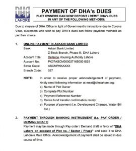 Plot owners can now deposit Payment of DHA's Dues online  Dha Latest News Updates  Due to Corona Virus Dha Main office complex is closed till 27th march , so Now owners of plots Can pay their Dha Dues Paymasts through online procedures. 